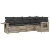 vidaXL 5-delige Loungeset met kussens poly rattan lichtgrijs