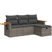 vidaXL 4-delige loungeset voor de tuin met kussens, grijs, polyrotan