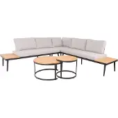 Mendler Tuinset -H54c, loungeset, bijzettafel Spun Poly Acaciahout Staal ~ lichtbruin, kussens lichtgrijs