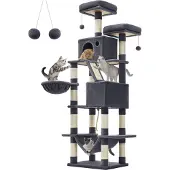 Feandrea Krabpaal groot, 206 cm hoog, XXL kattenboom, met 13 krabzuilen, 2 platforms, 2 holten, mand, hangmat, pluche ballen, meerlaagse kattenkrabpaal, rookgrijs