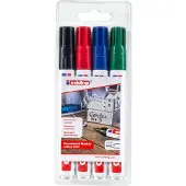 Edding 3300 permanent marker - zwart, rood, blauw, groen - 4 stiften - beitelpunt 1-5 mm - sneldrogende permanent marker - water- en wrijfvast -voor karton, kunststof, hout, metaal - universele marker