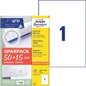 Avery 6603 Universele etiketten 210 x 297 mm Papier Wit 65 stuk(s) Permanent hechtend Laser (kleur), Laser (zwart/wit)