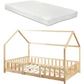 En.casa Kinderbed "Sisimiut" met huiselijke uitstraling, inclusief matras en valbeveiliging. Gemaakt van grenenhout, afmetingen 140 x 200 cm, in natuurlijke houtkleur