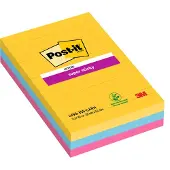 Post-It Super Sticky Notes, Kleurenset Rio, Canary Yellow, Mediterraan blauw, Fuchsia, Gelijnd , 101mm x 152mm, 90 blaadjes, 3 blokken