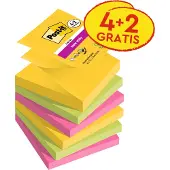 Post-It Super Sticky Z-Notes Vierkant 76 x 76 mm Blanco Kleurenassortiment 90 Vellen Voordeelpak 4 blokken + 2 GRATIS
