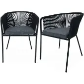Sweeek Set van 2 tuinstoelen van zwart touw en gegalvaniseerd staal, grijze kussens