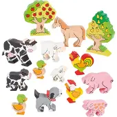 Goki Houten Figuren: SET BOERDERIJDIEREN, bevat 14 dieren L2,5-11,5cm, beschilderd hout, in doos
