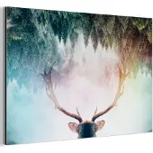 MuchoWow Aluminium schilderij 60x40 cm - Wanddecoratie metaal - Hert - Gewei - Bos - Mist - Metalen muurdecoratie woonkamer - Decoratie industrieel - Foto op dibond - Industriële accessoires slaapkamer