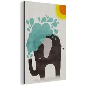 MuchoWow Aluminium schilderij 60x90 cm - Wanddecoratie metaal - Olifant - Kind - Water - Zon - Metalen muurdecoratie woonkamer - Decoratie industrieel - Foto op dibond - Industriële accessoires slaapkamer