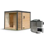 Karibu | Ares 2 Buitensauna | Onbehandeld-Antraciet | Biokachel 9 kW Externe Bediening