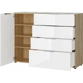Germania Dressoir, met 4 laden en 1 deur, glazen front en blad, B 1340 x D 420 x H 1020 mm, Navarra eik/wit