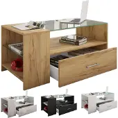 VCM Tindala salontafel met glazen blad, 1 lade, 3 plankenzwart.