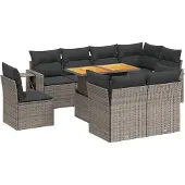 vidaXL 9-delige Loungeset met kussens poly rattan grijs