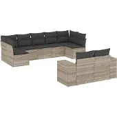 vidaXL 9-delige Loungeset met kussens poly rattan lichtgrijs