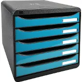 Exacompta Big Box Plus Iderama turquoise glanzend, 5 open laden A4/A4+/24x32, geruisloos, veiligheidsstop, stapelbaar
