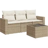 vidaXL 4-delige Loungeset met kussens poly rattan beige