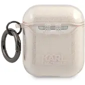 Karl Lagerfeld AirPods 1/2 hoesje, transparant met gouden/gouden glitter details, Choupette design