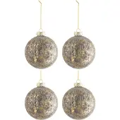 Jline Doos van 4 kerstballen fluweel glas antiek grijs/goud medium