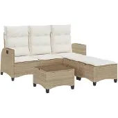 vidaXL 3-delige Tuinbankstel met kussens L-vormig beige poly rattan