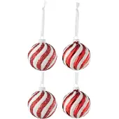J-Line Doos van 4 kerstbal 2+2 lijnen glas wit/rood small