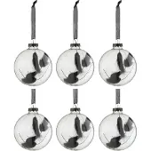 J-Line Doos van 6 kerstballen rond gedroogde hazenstaart zwart glas transparant small