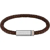 BOSS Gevlochten armband van bruin leer met magneetsluiting met logo