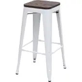 Mendler Barkruk -A73 incl. houten zitting, barkruk tegenkruk, metaal industrieel ontwerp stapelbaar ~ wit