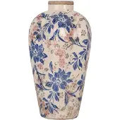 Clayre & Eef Vaas Ø 17x30 cm Beige Blauw Keramiek Bloemen