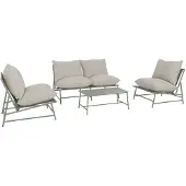 Sweeek Loungeset van staal Sofia kaki en beige, 4 plaatsen, rechthoekige tafel