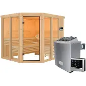 Karibu Innensauna Ainur: Saunakabine met 3 houten zitbanken, met natuurlijke afwerking. Wanddikte: 68 mm. Infraroodsauna