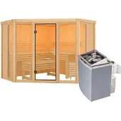 Karibu Sauna, binnensauna, Alcinda, volledig glazen voorzijde, instap vanaf de voorkant, oven 9 kW, geïntegreerde bediening, afmetingen 231x231x198 cm, zonder dakrand