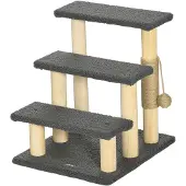 PawHut Paws kattentrap, kattenboom, drie treden, speelbal, grijs+houtkleuren, 45 x 40 x 48 cm