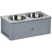 PawHut Paws voerstation, 2 voerbakken van elk 2 liter, roestvrij staal, met lade, voor middelgrote honden, grijs, 60 x 30 x 24 cm