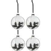 J-Line Doos van 4 kerstballen rond gedroogde hazenstaart zwart glas transparant medium