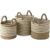 J-Line Set of 3 baskets striped raffia white/natural