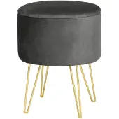 Akord Ronde Opbergpoef in Grijs Fluweel met Gouden Stalen Basis - Zelfmontage Poef 45x35 cm