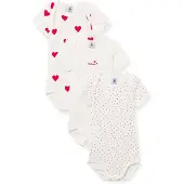 Petit Bateau Set van 3 katoenen body's met korte mouwen en hartjes Meisjes Rompertje - Wit/Rood + Wit/Rood + Wit