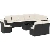 vidaXL 11-delige tuinmeubelset met kussens, zwart, polyrotan