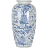 Clayre & Eef Vaas Ø 19x37 cm Wit Blauw Keramiek Vogels op Takken