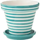 J-Line Flowerpot+plate granada stripes handmade+painted ceramic aqua large