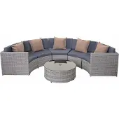 Mendler Polyrotan garnituur rond -E17, tuinset zitgroep ~ grijs, bekleding donkergrijs, kussens beige
