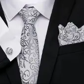 Charme Bijoux 3-Delige- Stropdasset- Grijs- Bloem- Zijde -