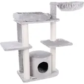Flamingo Krabpaal – Fenway Grijs – 119x42,5x104 cm – krabpaal met hangmat, mand & schuilhuisje – kattenmeubel met katoenen krabtouw & pluche bekleding – stevige kattenboom