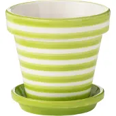 J-Line Flowerpot+plate granada stripes handmade+painted ceramic green small