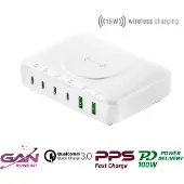 4smarts Bureaulader 100 W 2x USB-A, 4x USB-C, Qi-standaard Quick Charge 3.0, USB PD Wit Binnen GaN, USB Power Delivery (USB-PD), Wireless Charger