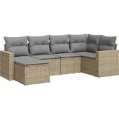 vidaXL 6-delige Loungeset met kussens poly rattan beige
