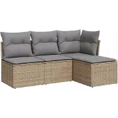 vidaXL 4-delige Loungeset met kussens poly rattan beige