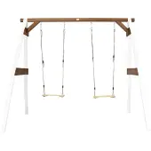 Axi Dubbele Schommel van hout in bruin & wit | Vrijstaande schommel voor kinderen met houten schommelzitjes | Schommelset dubbel voor tuin / buiten