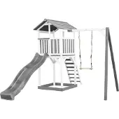 Axi Beach Tower Speeltoestel van hout in Grijs en Wit | Speeltoren met zandbak, schommel en grijze Glijbaan | Speelhuis op palen voor de tuin
