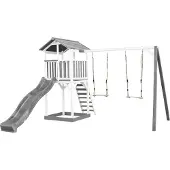 Axi Beach Tower Speeltoestel van hout in Grijs en Wit | Speeltoren met zandbak, dubbele schommel en grijze Glijbaan | Speelhuis op palen voor de tuin